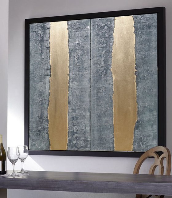 steel gold stripe painting A244 Vertical long  50x200x2cm decor  original abstract art Large paintings stretched canvas acrylic art industrial metallic textured wall art
