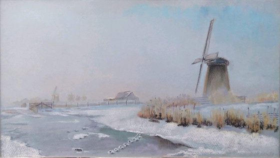 Dutch mills - winter landscape with pastels, as a gift