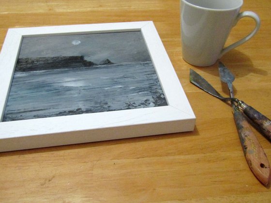 Caithness Full Moon, grey seascape of cliffs and sea