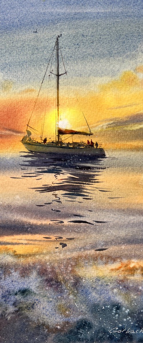 Yacht in the sea at sunset #14 by Eugenia Gorbacheva