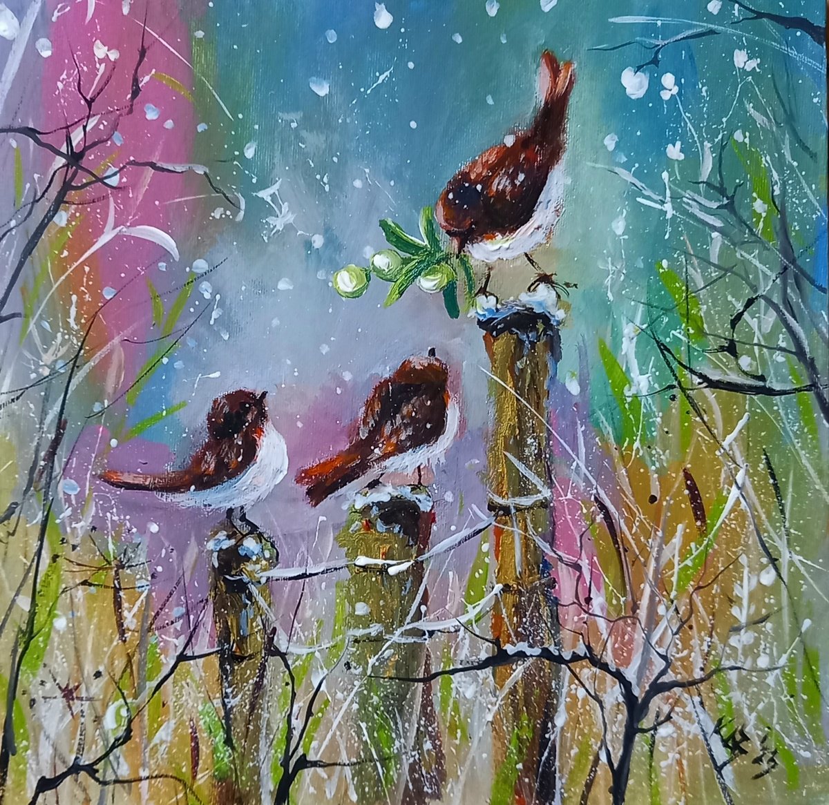 Impressionistic Animal Acrylic Painting By Kovacs Anna Brigitta, 10 X 10", First Snowfall With Bird, Original Artwork