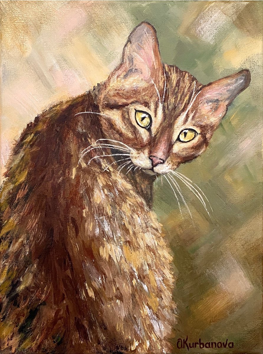 Impressionistic Animal Acrylic Painting By Olga Kurbanova, 9 X 12", Amber Eyes, Original Artwork