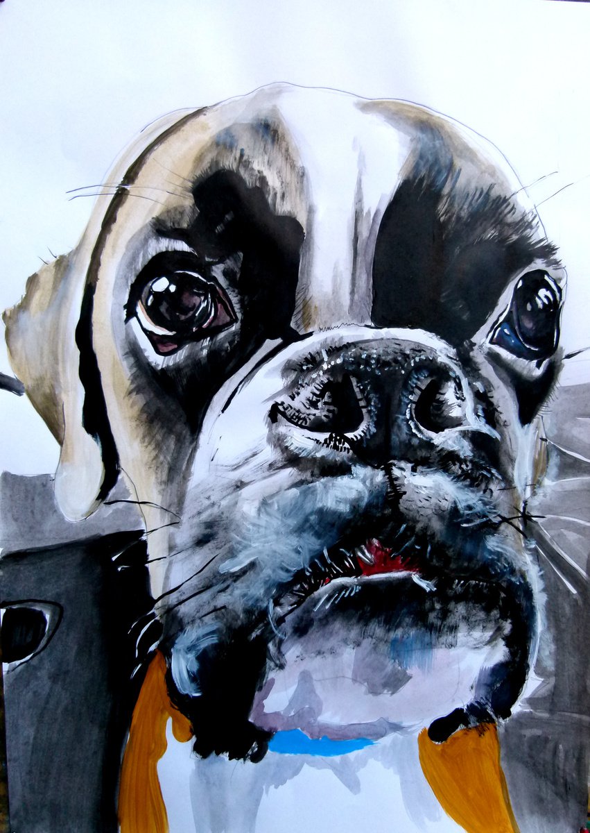 Photorealistic Animal Acrylic Painting By Soso Kumsiashvili, 24 X 33", Boxer Dog, Original Artwork