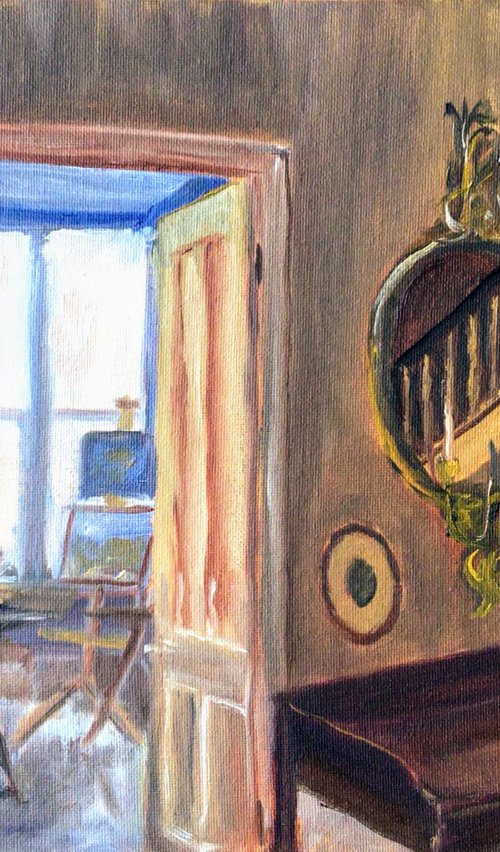 View through to the studio - An original interior oil painting by Julian Lovegrove Art