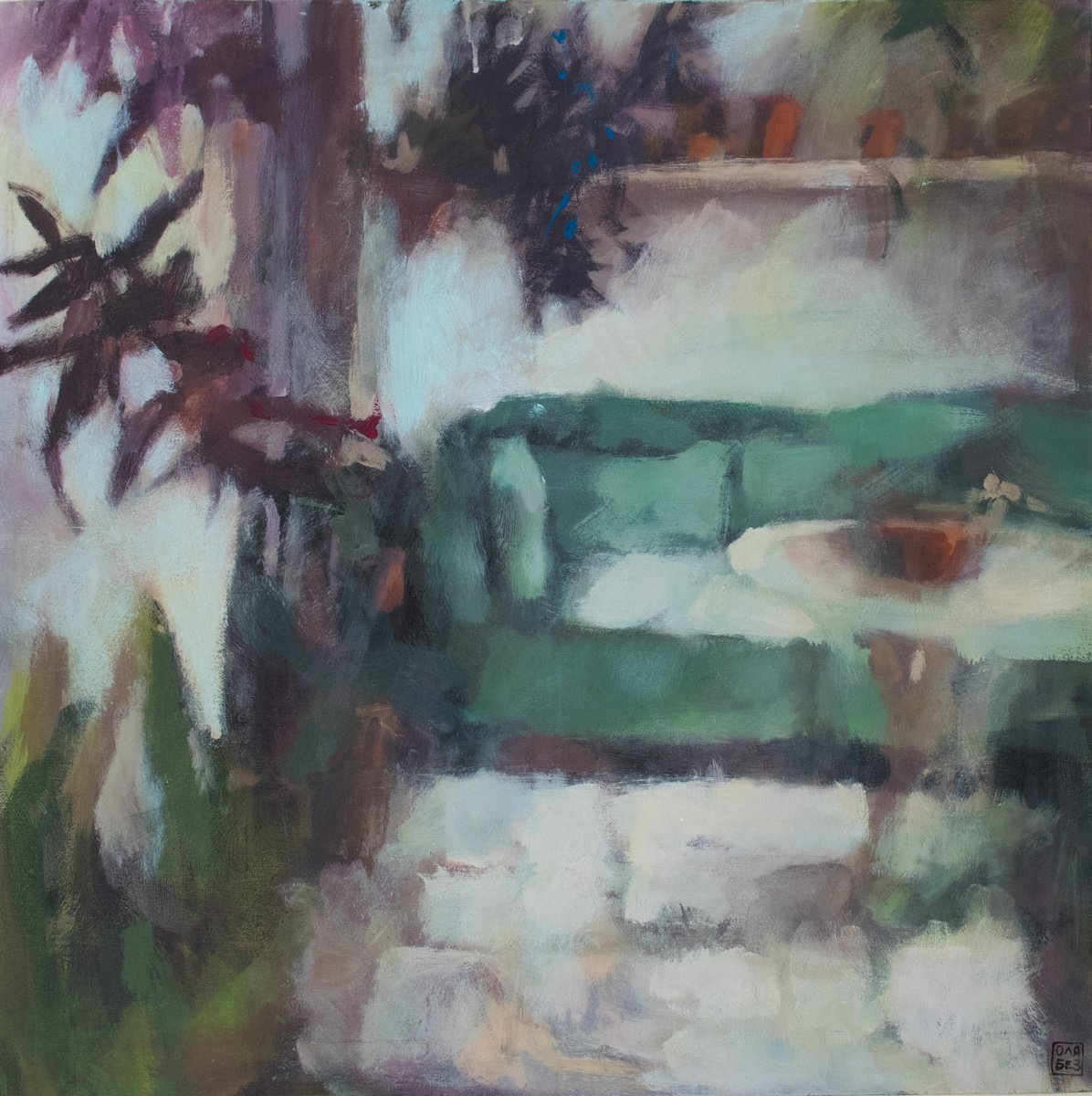 Impressionistic Still Life Acrylic Painting By Olga Bezverkhaya, 31 X 31", Living, Original Artwork
