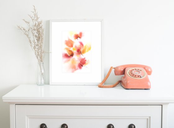 Red abstract flowers watercolor painting. Floral set of 3