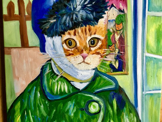 Confused Cat La Van Gogh.  Version of famous self portrait of  Vincent Van Gogh missing ear