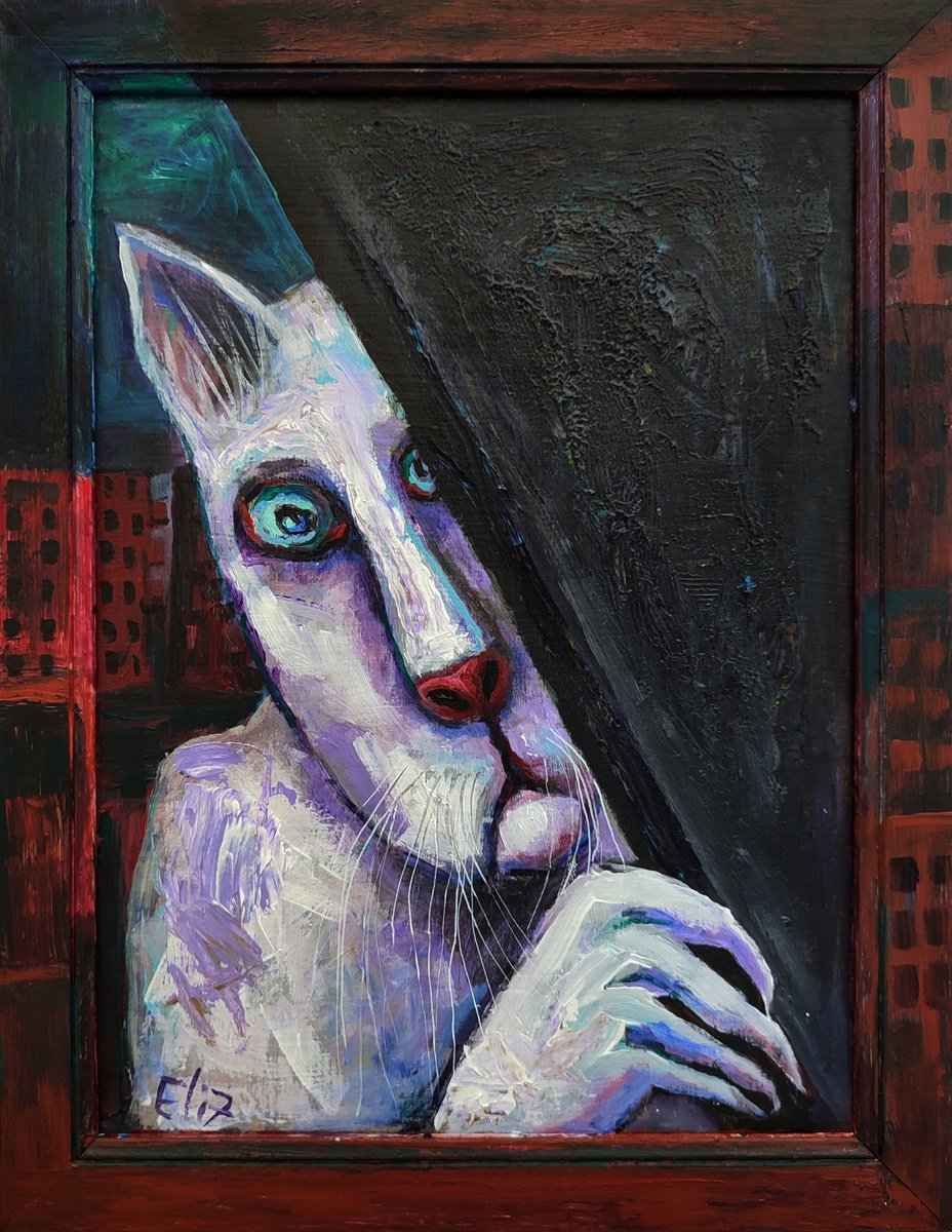 Expressive Animal Acrylic Painting By Elisheva Nesis, 10 X 14, Night Ghost, Original Artwork