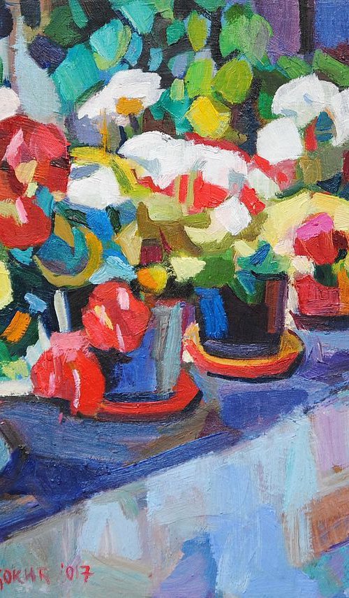 Red  and white flowers in summer yard /  33.7 x 24.4 cm by Maja Đokić Mihajlović