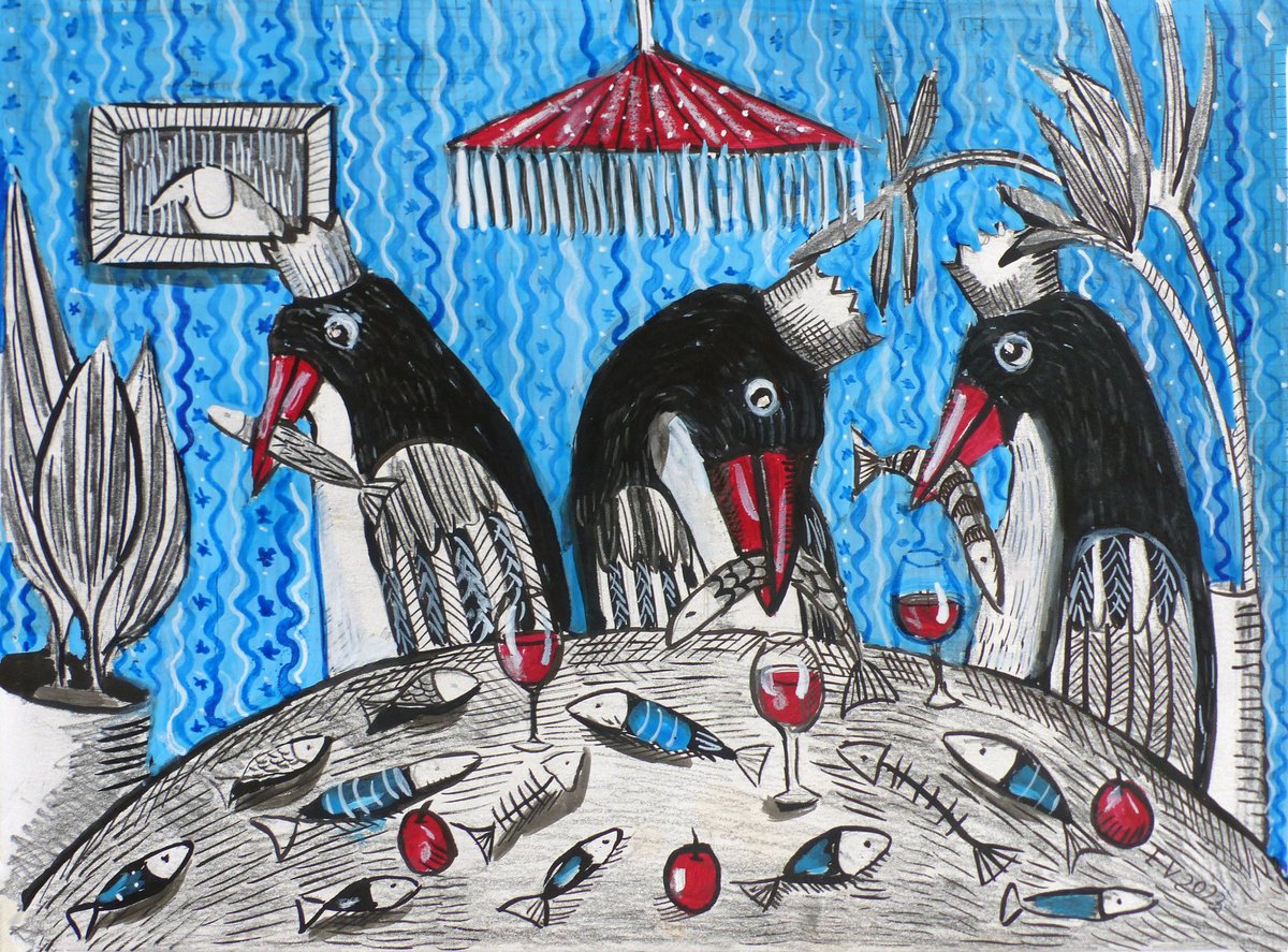 Naive Animal Drawing By Elizabeth Vlasova, 12 X 9, Fishy Mood, Original Artwork