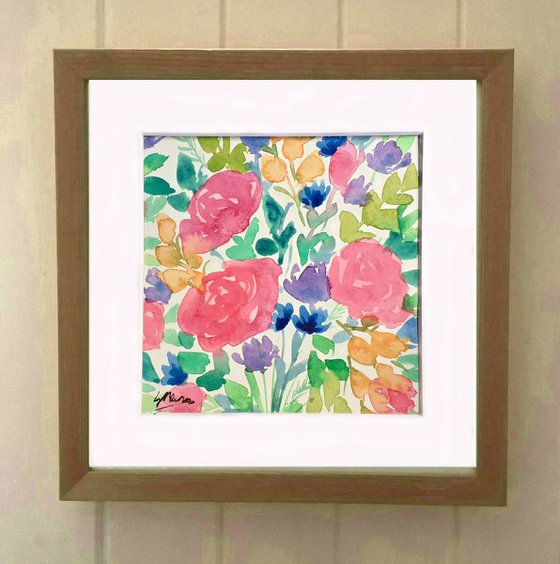 Roses - mounted watercolour, small gift idea