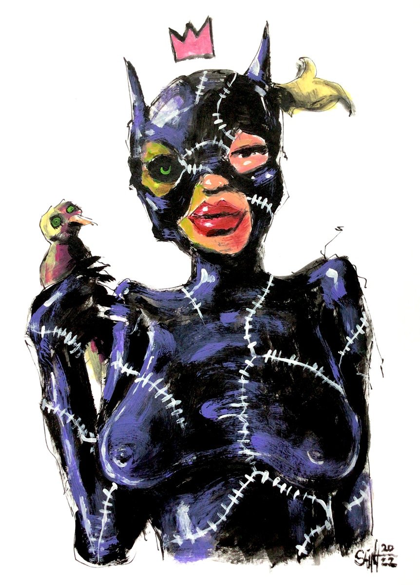 #50 Catwoman Zombie portrait painting original art, Horror Naive Outsider Folk Art Brut St... by Ruslan Aksenov