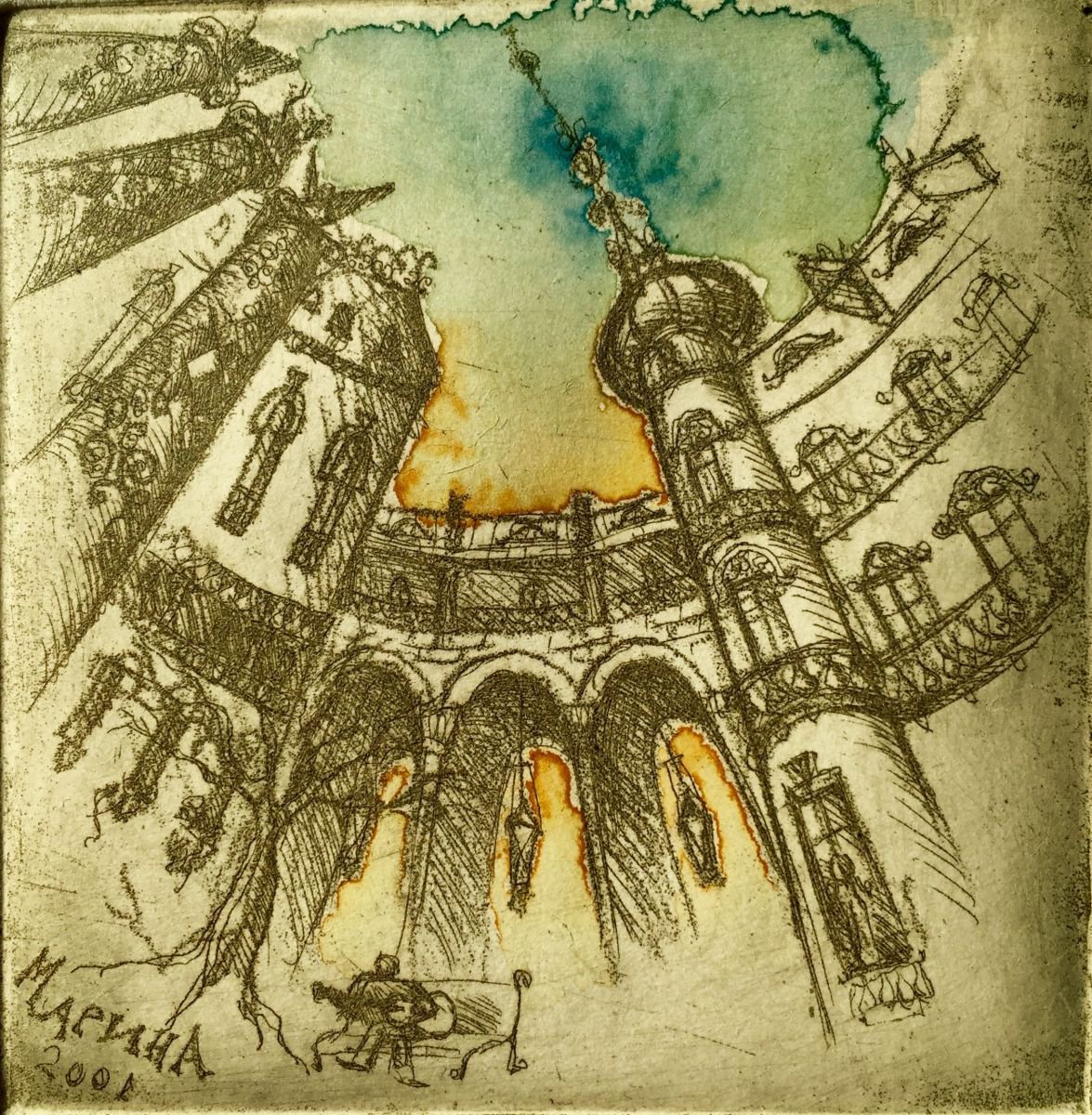 Cityscapes Etchings & Engravings By Marina Korenfeld, 4 X 4", City, Original Artwork