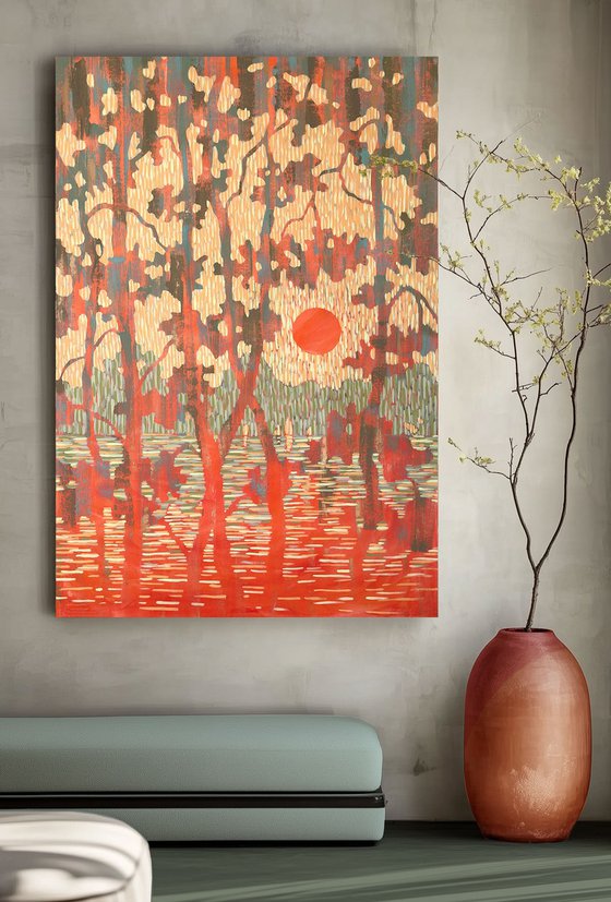 Orange Sunset over the Forest Lake