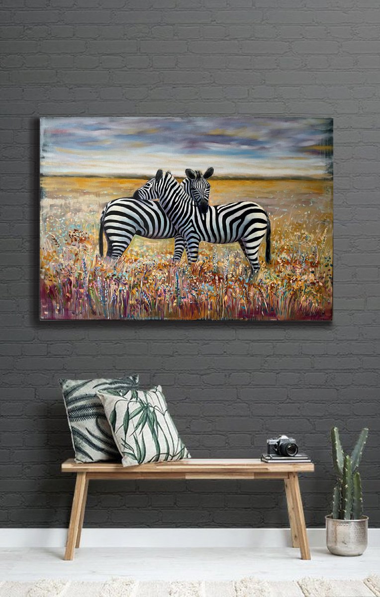 When zebras are together. Original oil painting. XXL by Mary Voloshyna