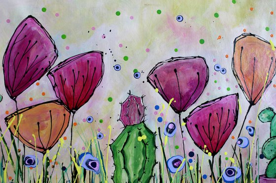 Young Folks- Prickly Friends - Large original abstract floral painting