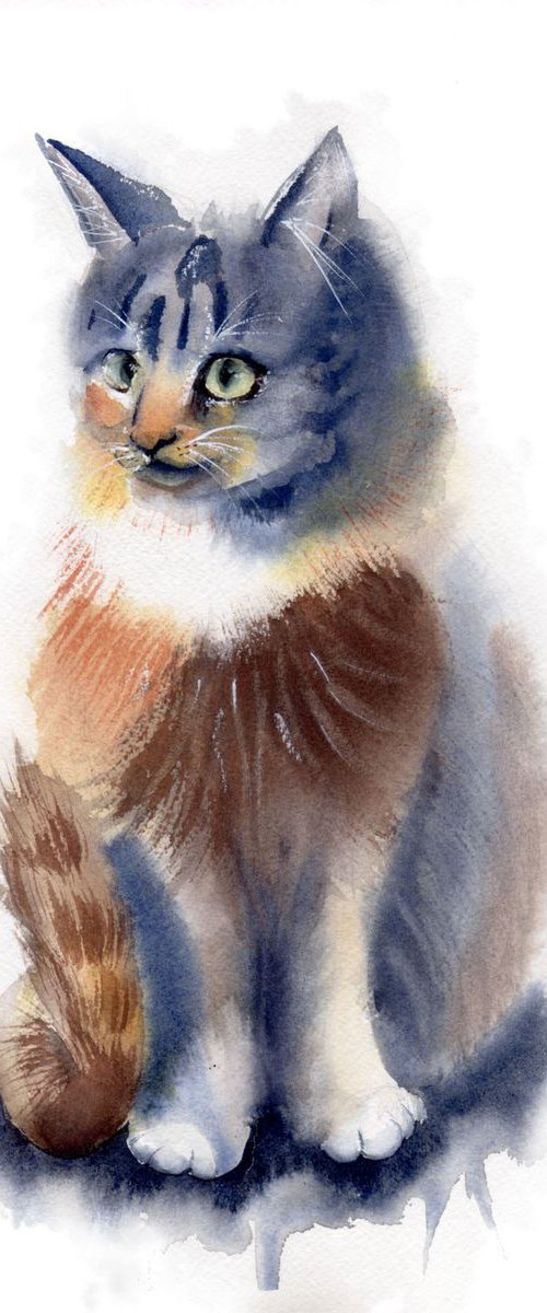 Original Watercolor Cat Painting by Olga Tchefranov (Shefranov)