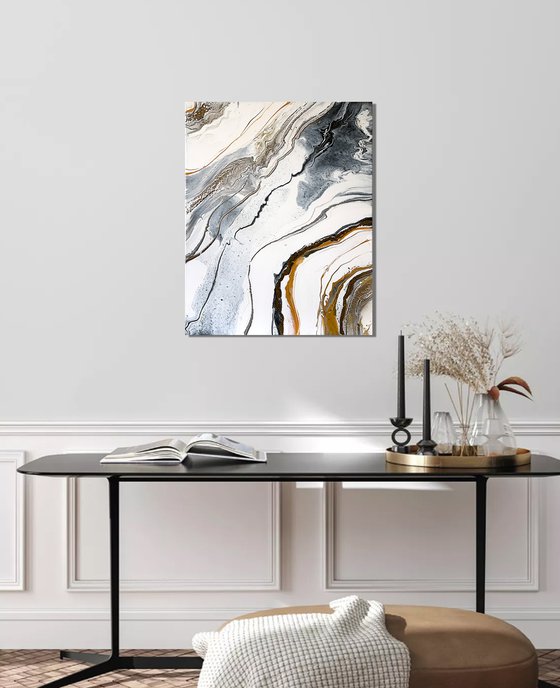 Fire and water waves. Gold White Abstract painting.