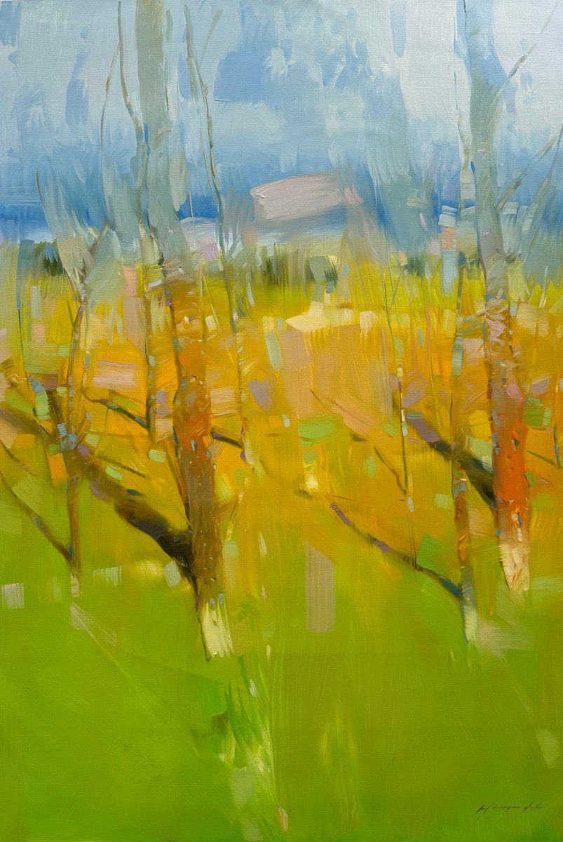 Impressionistic Landscape Oil Painting By Vahe Yeremyan, 30 X 45", Sunny Day, Original Artwork