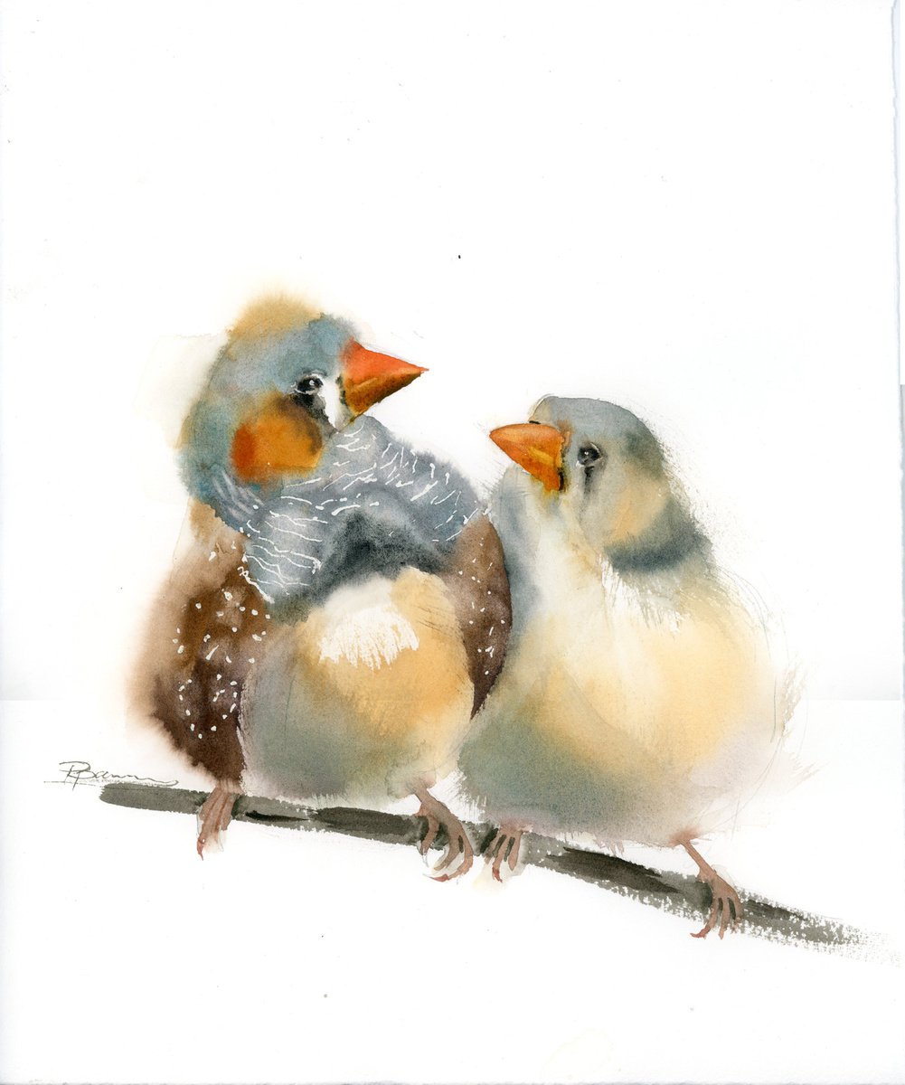 Impressionistic Animal Watercolour By Olga Tchefranov (Shefranov), 11 X 13", Two Zebra Finches, Original Artwork