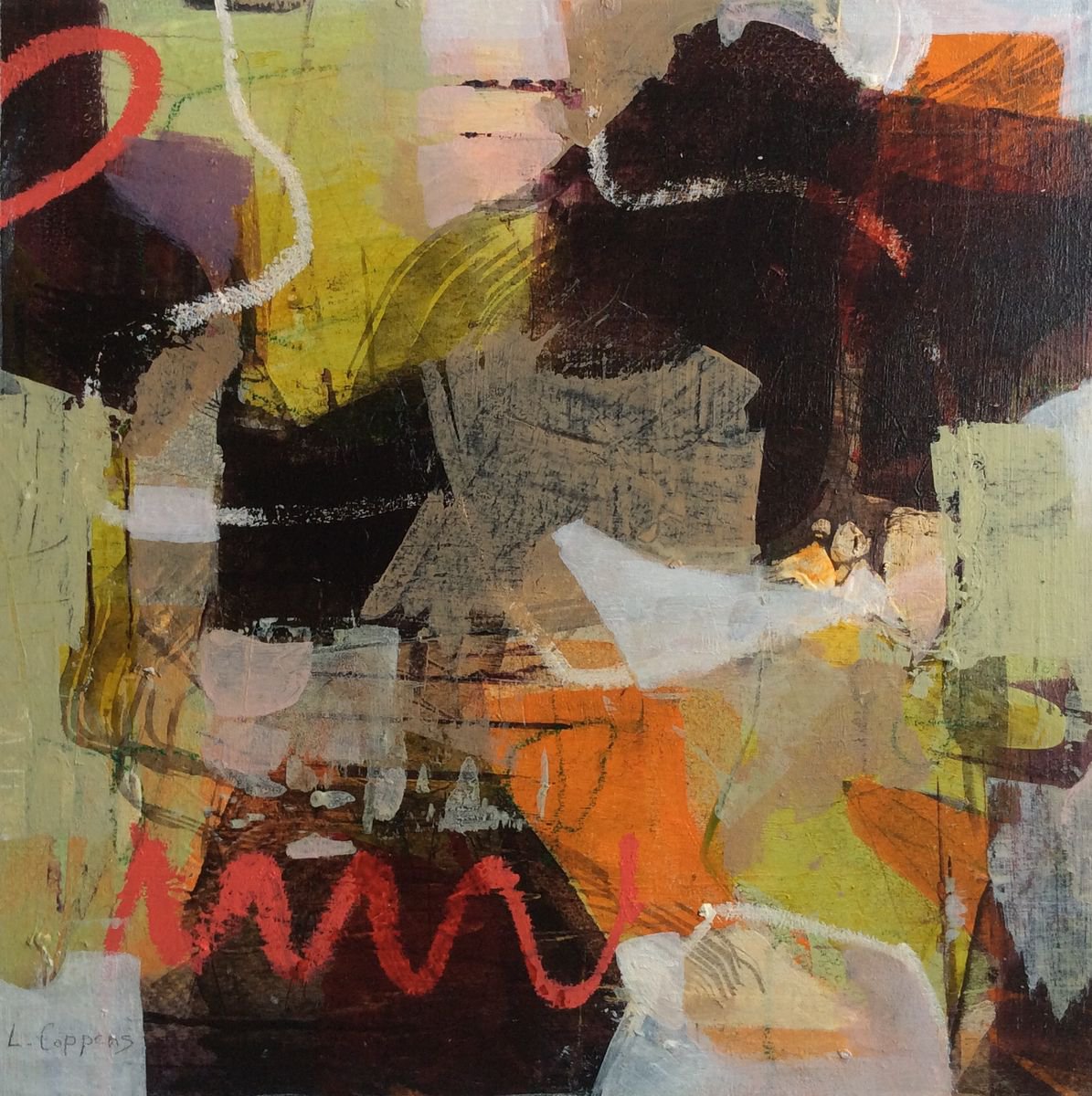 Abstract Acrylic Painting By Linda Coppens, 12 X 12", Brunch At Dawn, Original Artwork