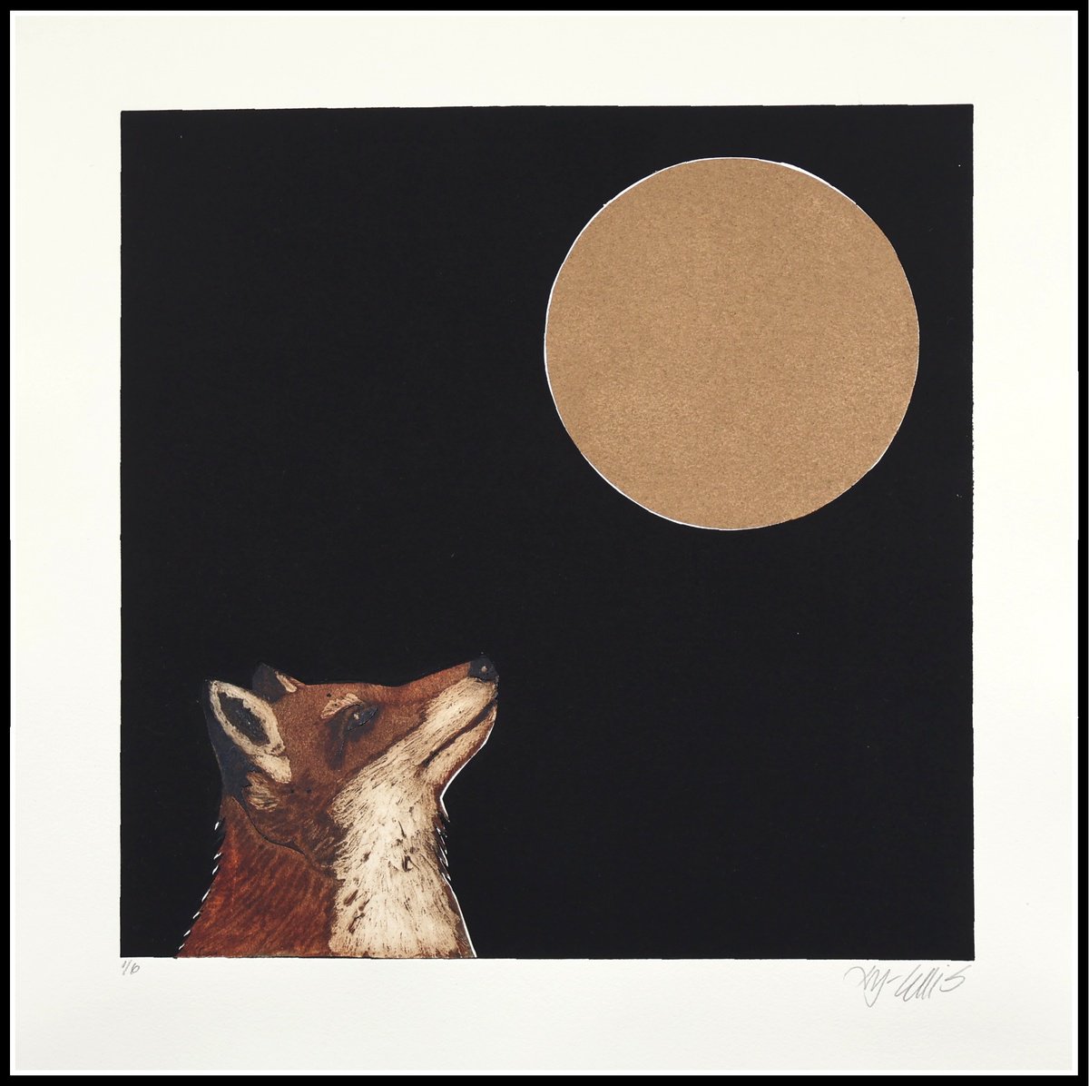 Animal Linocut By Mariann Johansen-Ellis, 20 X 20", Midnight Fox, Original Artwork