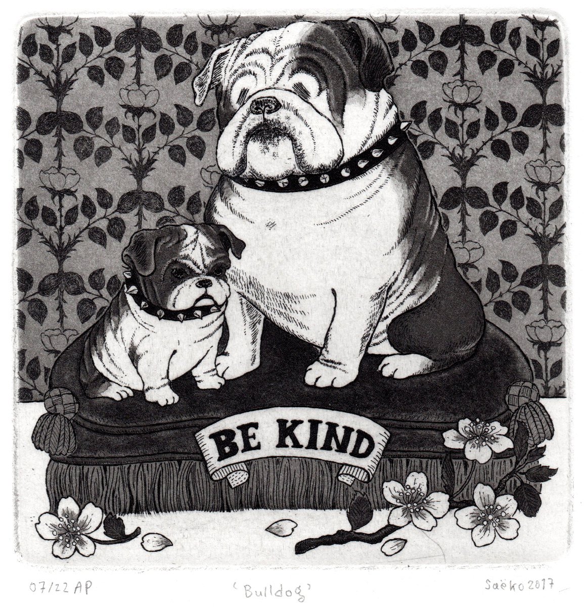 Illustrative Animal Etchings & Engravings By Saeko, 7 X 7", Bulldog - Be Kind, Original Artwork