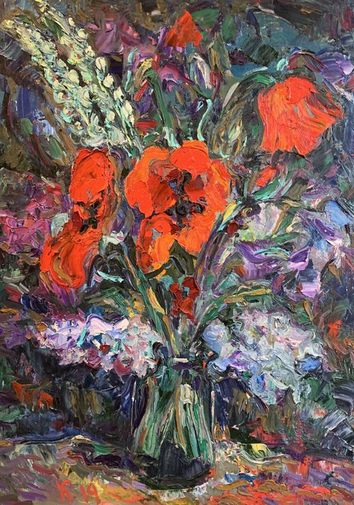 STILL LIFE WITH POPPIES - Floral art, still life with flowers, original painting oil on canvas, painting for sale, gift art 70x50cm by Karakhan