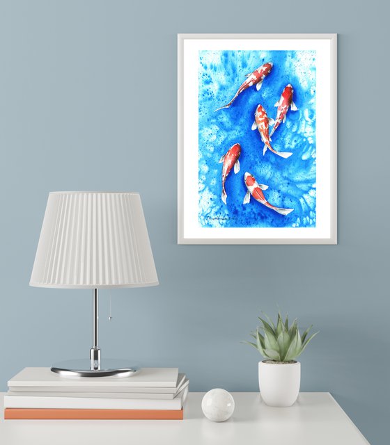 Koi carps  watercolor painting, Blue sea  painting, nautical  artwork,  blue and red, kitchen decor, contemporary,  gift for mother