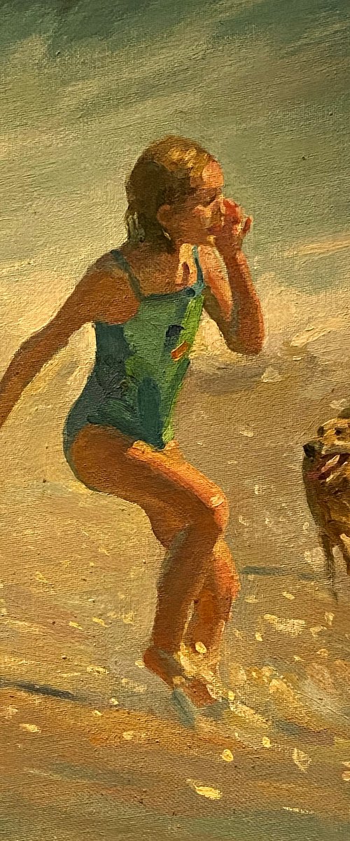Blue Swimsuit Beach Girl With Her Dog by Paul Cheng