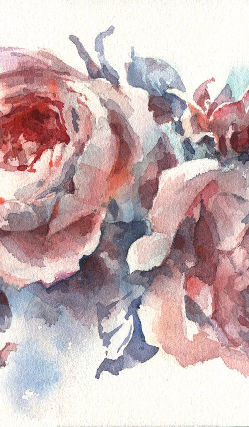 "Romantic composition with blooming English roses" original watercolor sketch small format by Ksenia Selianko