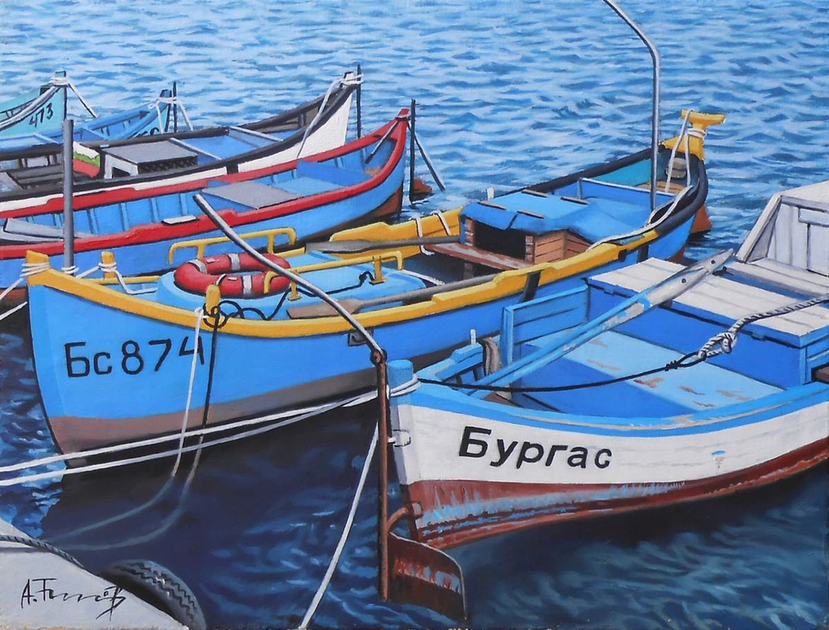 Photorealistic Landscape Oil Painting By Alexander Titorenkov, 9 X 7, Fishing Boats, Original Artwork