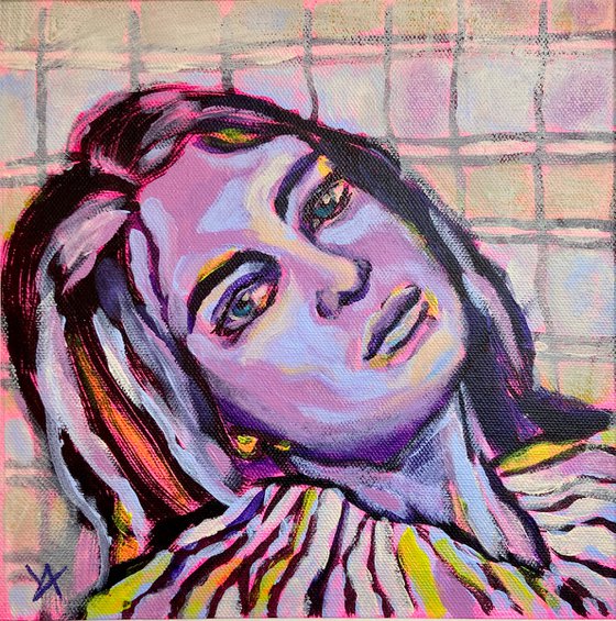 "FAR AWAY" - small colorful portrait, pink blue black, expressive female portrait
