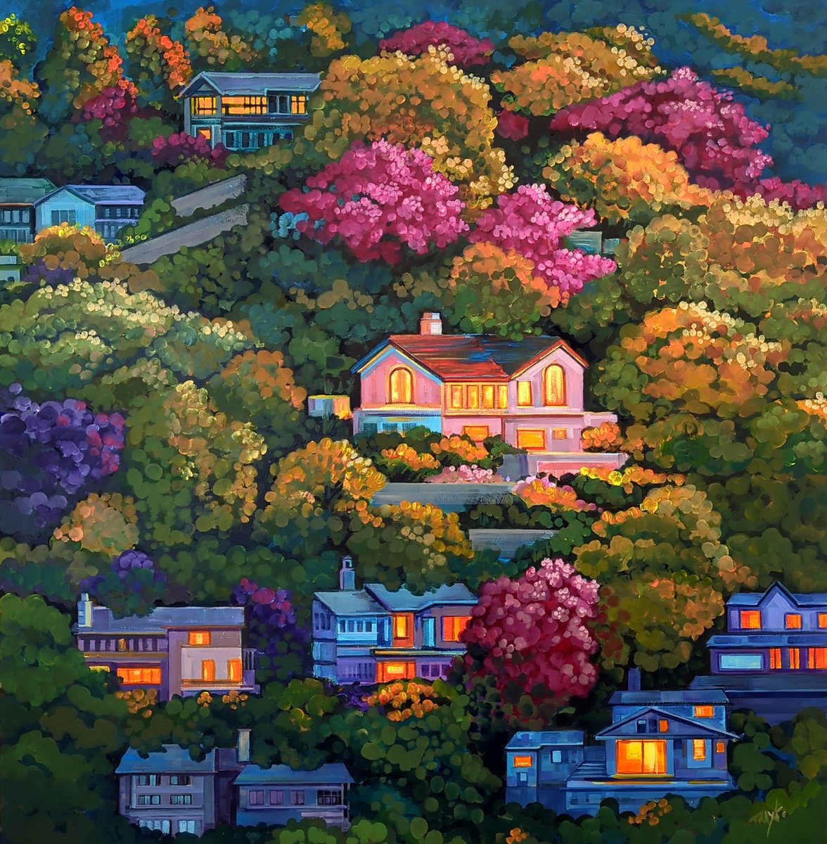 Abstract Landscape Acrylic Painting By Trayko Popov, 39 X 39", Before Sunset, Original Artwork