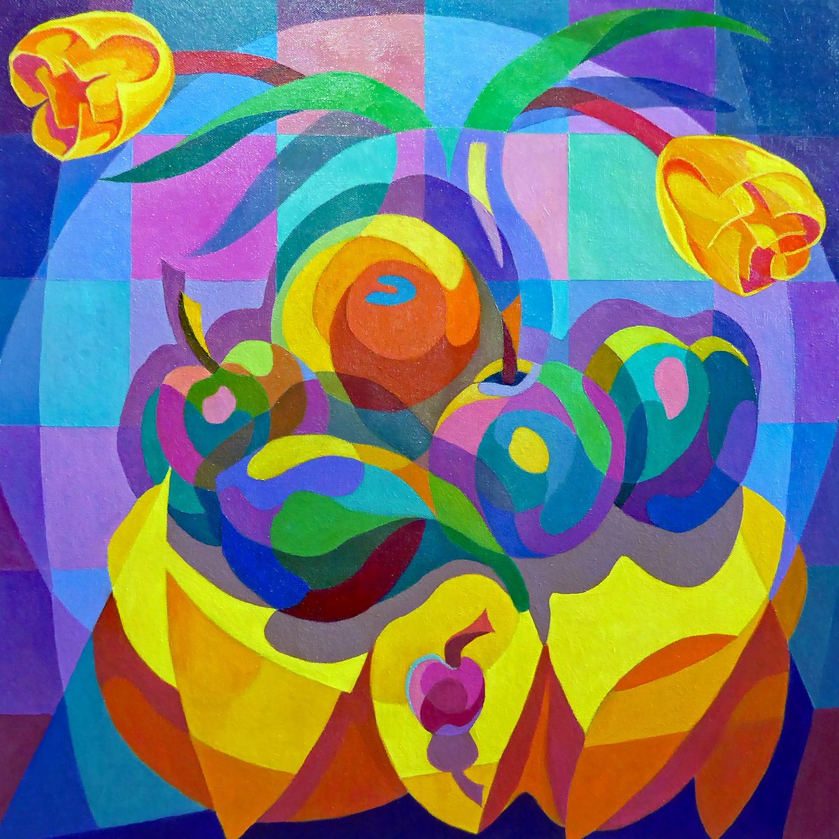 Abstract Still Life Acrylic Painting By Stephen Conroy, 24 X 24", Still Life With Cherry, Original Artwork