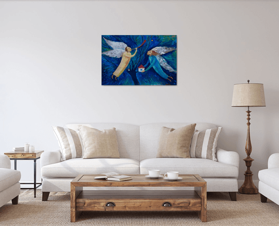 ANGELS - big oil painting angels in the sky Christmas interior idea for present Easter gift