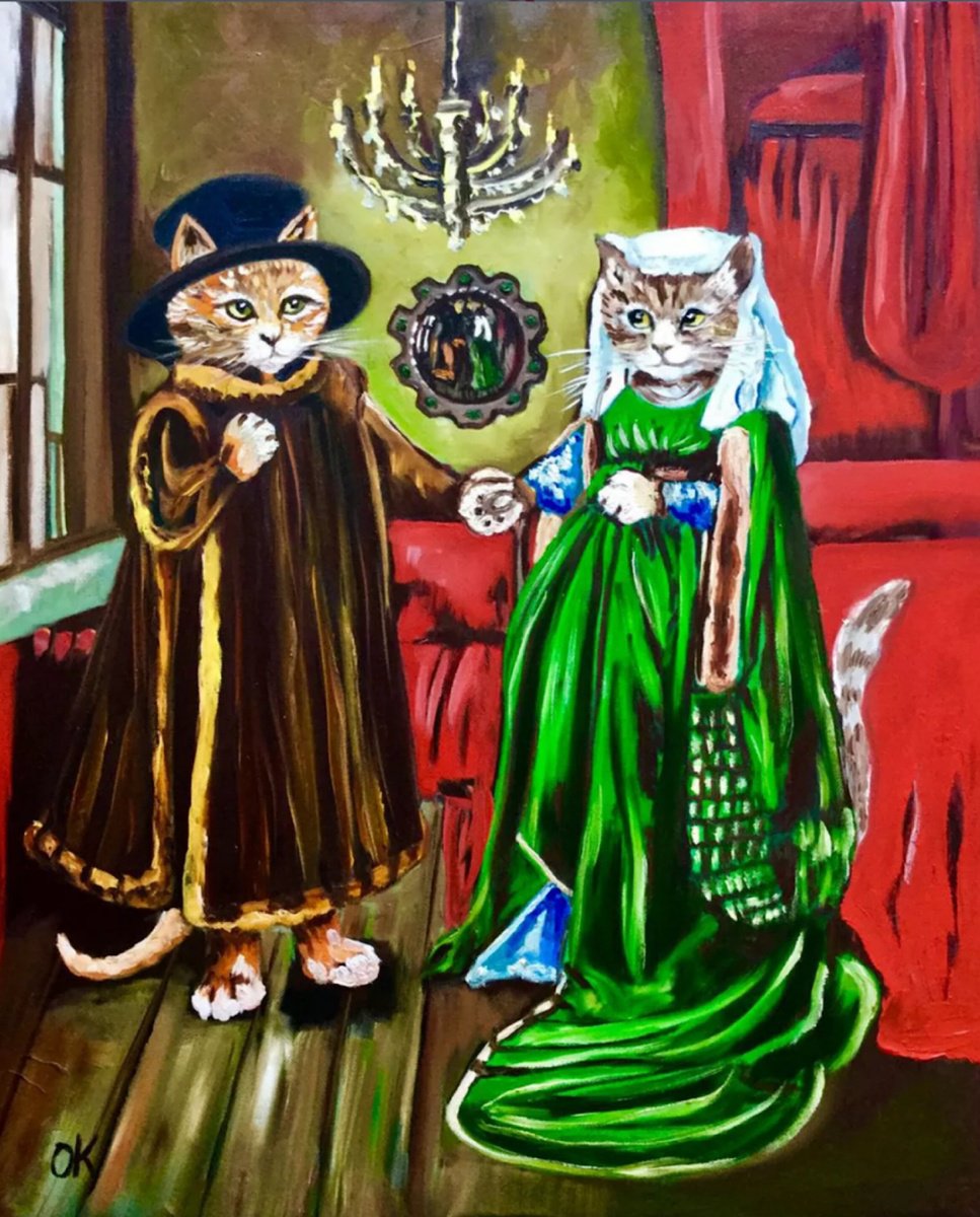 Expressive Animal Oil Painting By Olga Koval, 20 X 24", The Arnolfini Marriage, Original Artwork