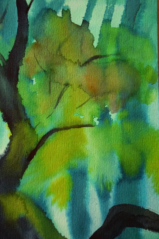 Green forest original watercolor painting, moss trees, mystic wall decor