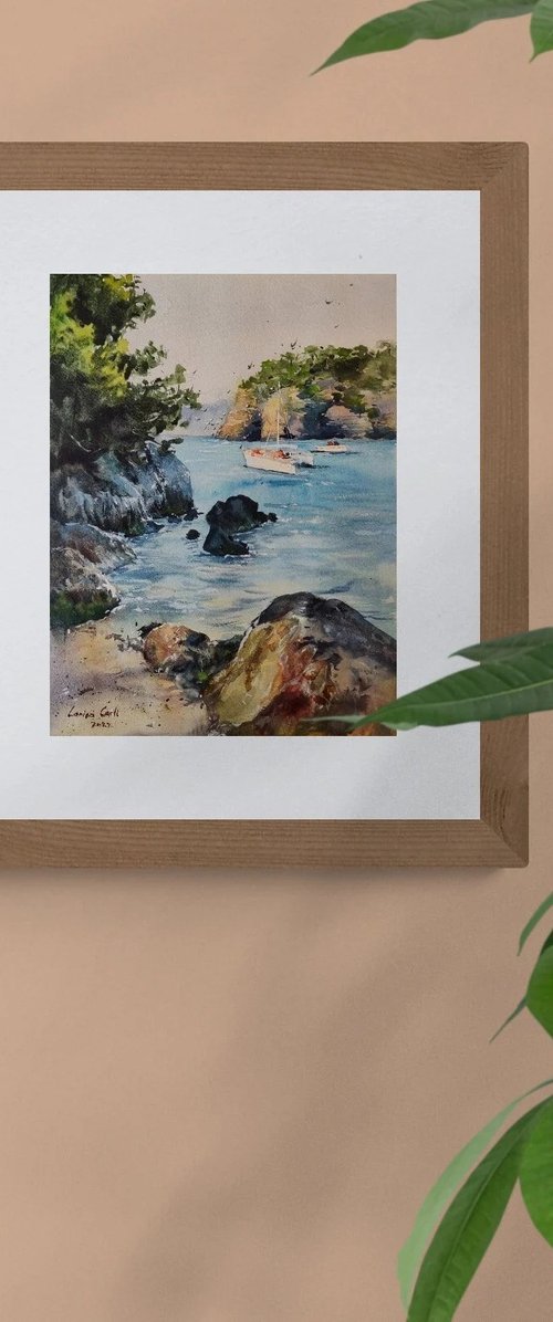 Menorcan serenity watercolor painting (2022) | Original Hand-painted Art Small Artist | Mediterranean Europe Impressionistic by Larisa Carli