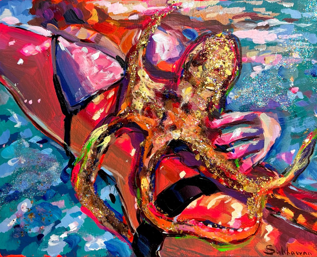 Impressionistic Portrait Acrylic Painting By Victoria Sukhasyan, 10 X 8", Diving With Octopus, Original Artwork