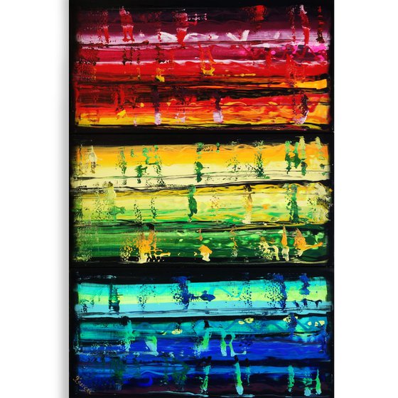 Rainbow A352 Large abstract paintings Palette knife 100x150x2 cm set of 3 original abstract acrylic paintings on stretched canvas