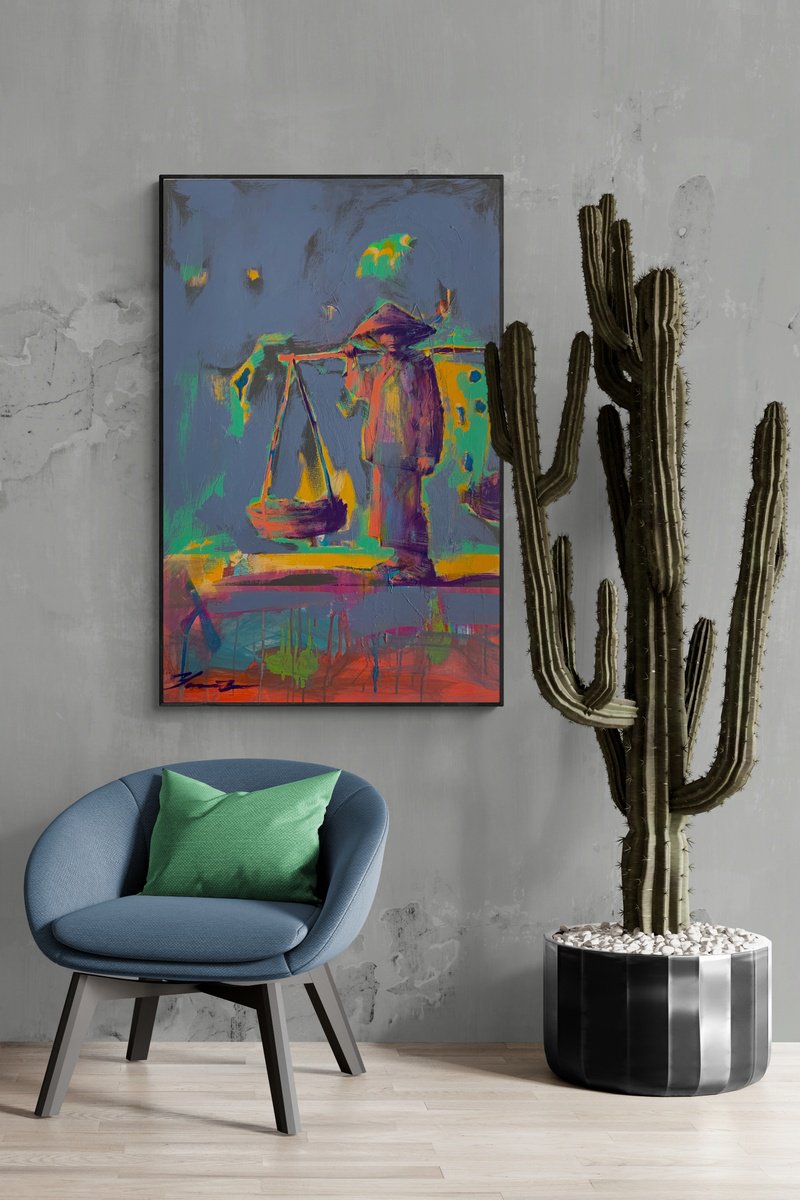 Urban And Pop Portrait Acrylic Painting By Yaroslav Yasenev, 24 X 36", Asian Sunset, Original Artwork