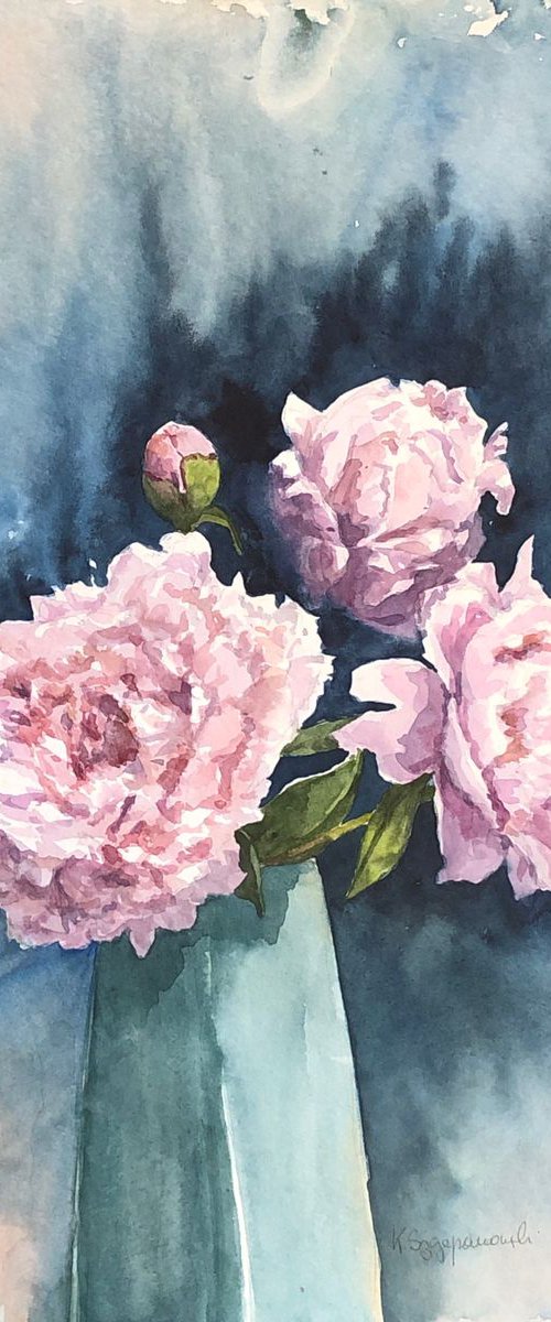 Symphonie in blue and pink - peonies by Krystyna Szczepanowski