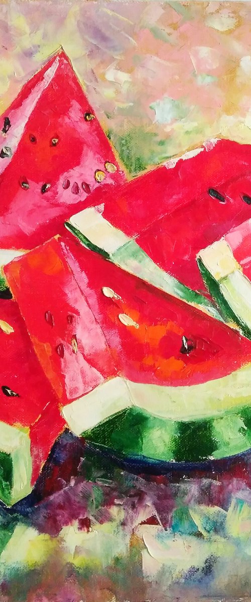 Sugar watermelon, Watermelon Painting Still Life Original Art on Canvas Tropical Fruit Art Abstract Artwork 40*40 cm. by Yulia Berseneva