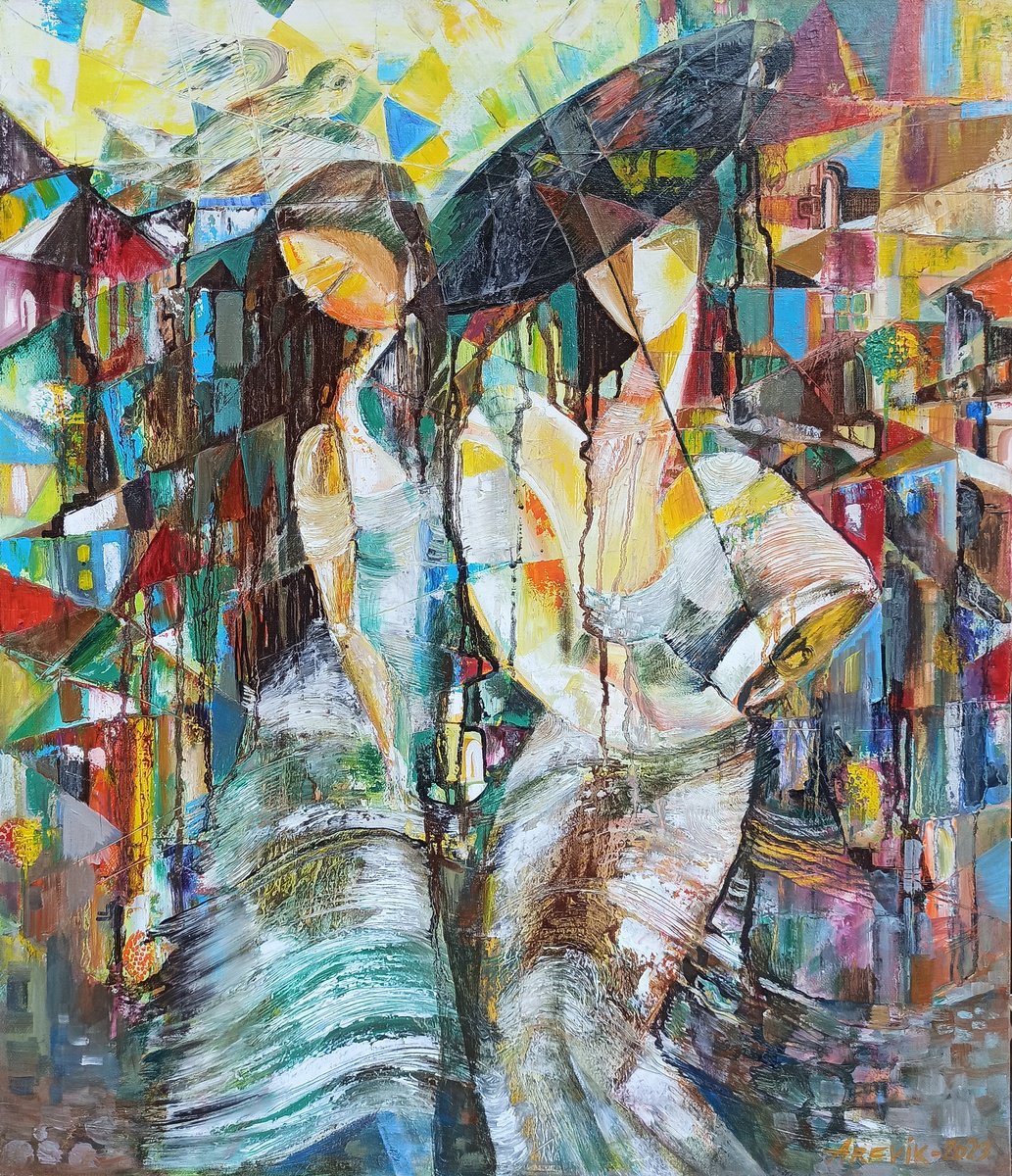 Abstract Portrait Oil Painting By Arevik Gasparyan, 24 X 28, Walk In The City, Original Artwork