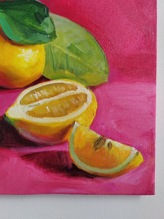 Lemon fruit on bright pink still life oil painting realistic citrus wall decor