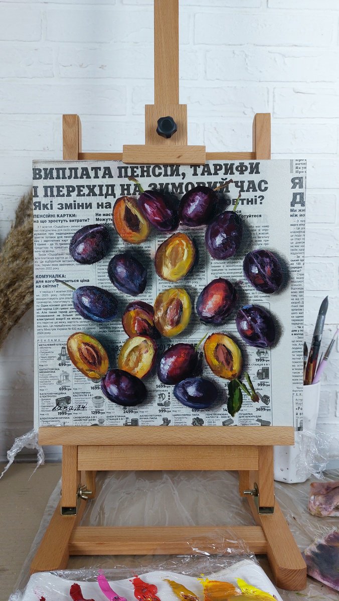 Plums newspaper art by Svitlana Brazhnikova