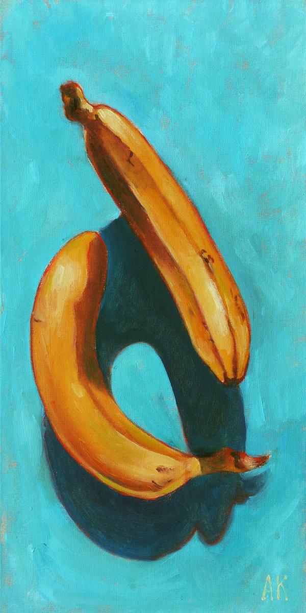 Photorealistic Still Life Oil Painting By Alfia Koral, 6 X 12, Two Bananas A Day, Original Artwork