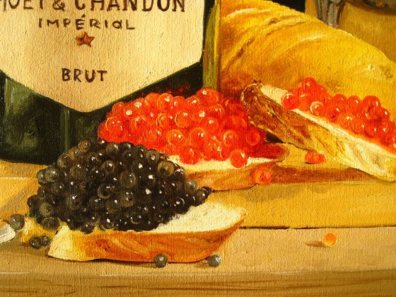 Elegant Wine Art, Champagne Bottle and Caviar