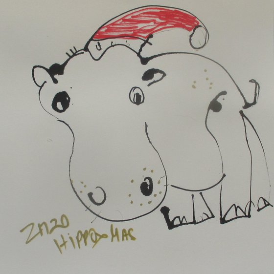 crazy christmas hippo 8 x 8 inch unique mixedmedia drawing